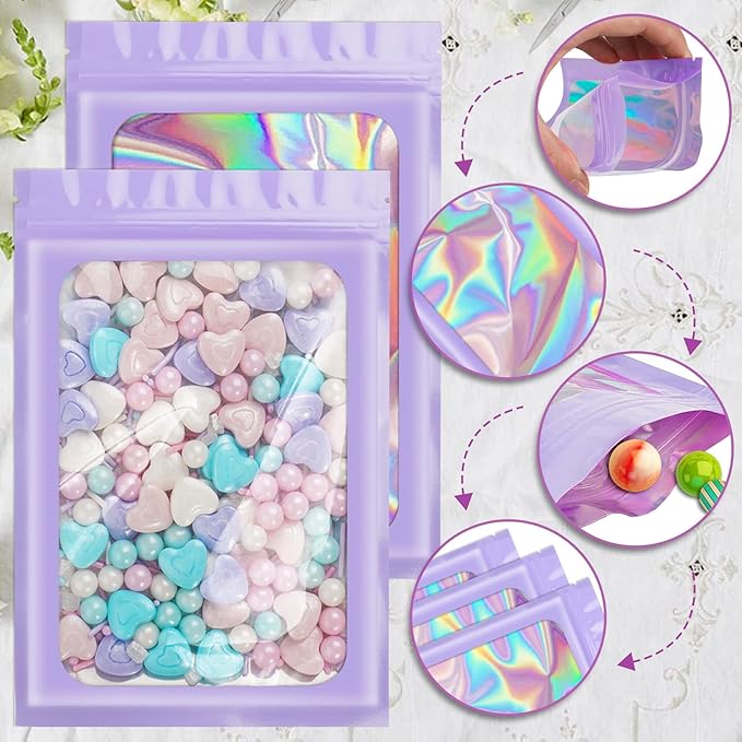 100 Pack Holographic Bags, Packaging Bags, Clear Window Resealable Odor Foil Pouch Bag for Food Storage and Lipgloss, Jewelry Lash (Purple, 4 x 6 Inch)