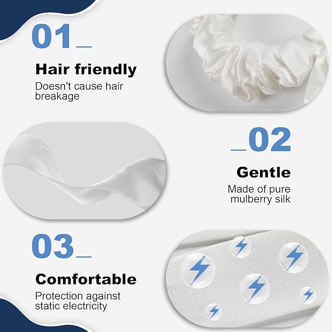 1 Piece Silk Bow Scrunchies for Hair-100% Pure Mulberry 22 Momme Silk Hair Tie, Elastic Ponytail Holder, Elegant Soft Bow Hair Ties Band for Women Hair Care, Multiple Colours (WHITE)
