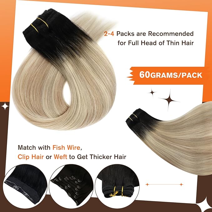Full Shine 12 Inch Clip in Hair Extensions Real Human Hair Brown Ombre to Medium Blonde and Light Blonde Seamless Hair Extensions Clip in for Short Hair 3 PCS 60 G