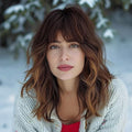 Nnzes Short Wavy Bob Wig with Bangs for Women Shoulder Length Curly Ombre Brown Highlight Synthetic Heat-Resistant Fiber Hair for Daily & Party Use