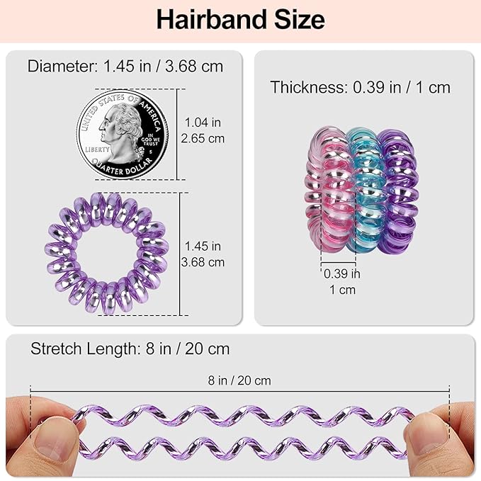 JessLab Spiral Hair Ties, 20 Pcs Traceless Phone Cord Hair Ties No Crease Spiral Bracelet Plastic Coil Ponytail Holders No-Damage Headband Hair Accessory for Girls Women Ladies Gift (Lustrous)