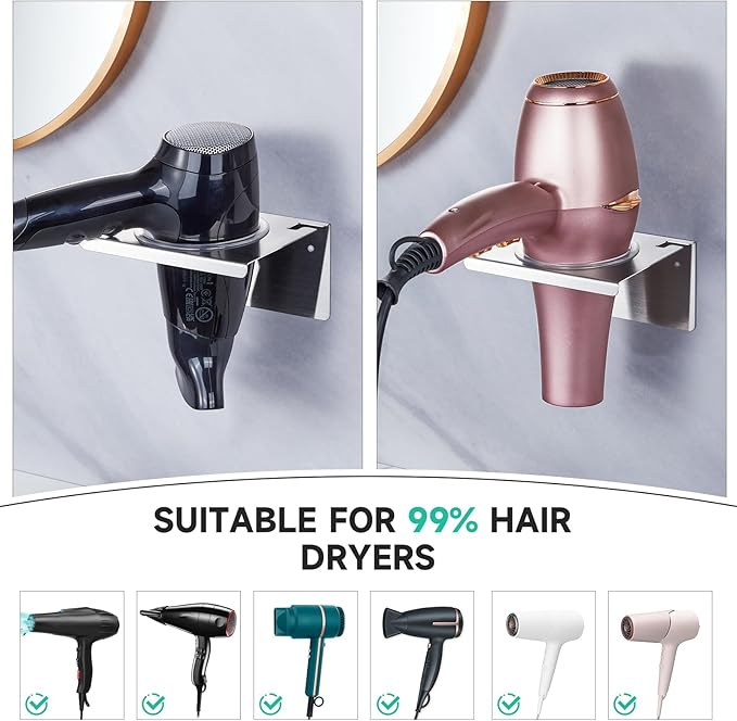 Hair Dryer Holder Wall Mounted, Hair Tool Organizer for Blow Dryer Holder Stainless Steel, Bathroom Hairdryer Holder, Adhesive Hair Dryer Organizer Storage Hanger for Vanity Barber Shops