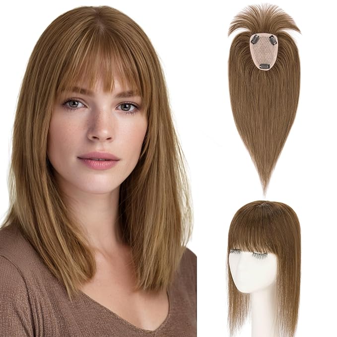 Hairro Human Hair Toppers with Wispy Bangs, 3.5x4.7" Hand-wovened Base for Women with Thinning Hair, Lightweight & Breathable Realistic Scalp, Clip-in Hairpieces for Easy Wear, 16 Inch Medium Brown