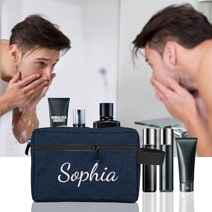 Personalized Toiletry Bag for Men, Embroidered Name Mens Toiletry Travel Bag, Waterproof Canvas Shaving Bag with Large Capacity, Custom Men Hanging Toiletries Bag for Traveling (Blue)