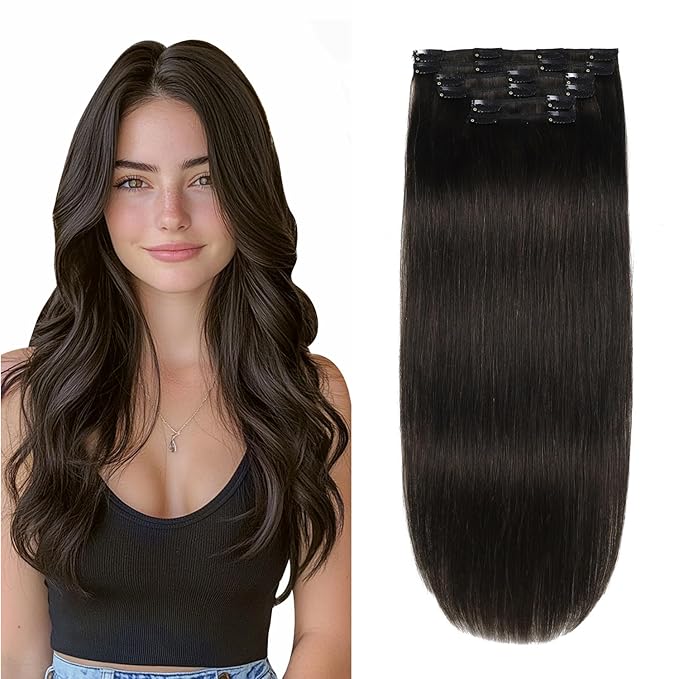 XDhair Clip in Hair Extensions Real Human Hair 20 Inch 120g Natural Straight Human Hair Clip in Extensions for Woman, Soft Straight 6pcs Per Set with 18 Clips Double Weft #1B
