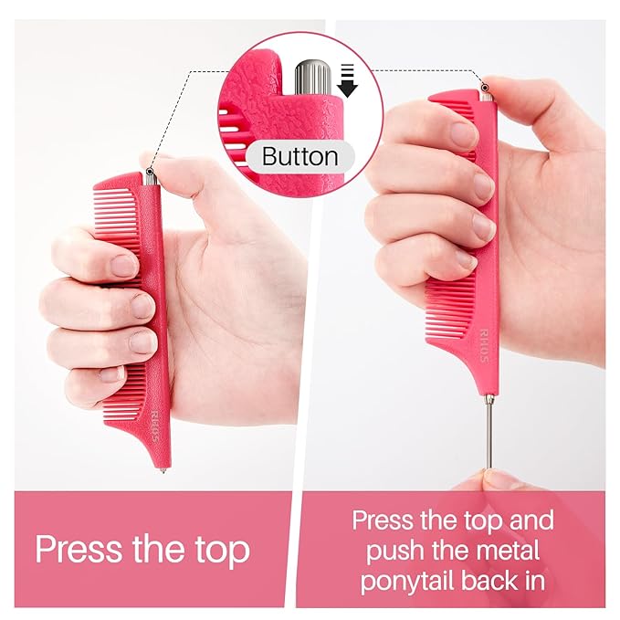 RHOS Retractable Fine Tooth Comb for Hair Parting, Styling, Cutting and Braiding - Carbon and Stainless Steel Pin Tail Comb (Pink)