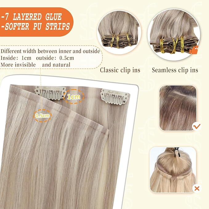 Full Shine Blonde Clip in Hair Extensions Highlights Human Hair Clip ins Ash Blonde Mix Bleach Blonde PU Clip in Hair Extensions Remy Hair 12 Inch 8 PCS 80 G