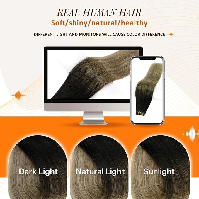 Full Shine Clip in Human Hair Extensions 20 Inch Black with Light Brown Highlights Blonde Seamless Clip ins for Women PU Weft Remy Hair Thick Ends 8 PCS 120G
