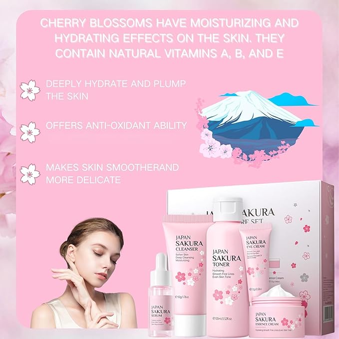 Sakura Skin Care Set, Women Gift Sets, Skin Care Kit with Cleanser, Toner, Serum, Eye Cream, Face Cream, Skin Care Routine Kit for Women, Even Skin Tone, Tighten & Firm Skin