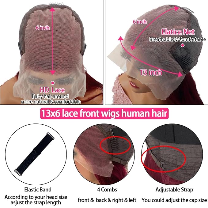 200 Density Burgundy Straight Lace Front Wigs Human Hair 99J 13x6 HD Lace Frontal Red Wigs Pre Plucked With Baby Hair