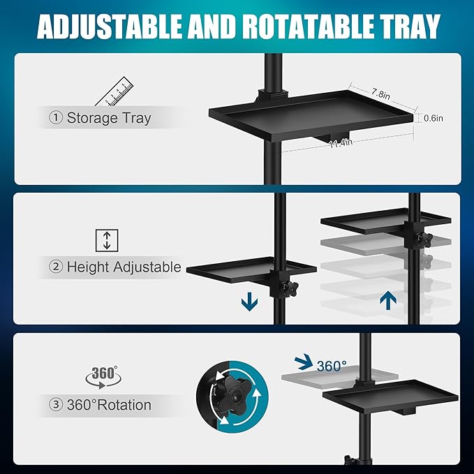 POARMEEY Salon Tray on Wheels, Premium Stainless Steel Tattoo Tray Rolling Trolley, Adjustable Service Rolling Tray Hairdresser Cart with Clinic Spa Rolling Tray Wheels (Black)
