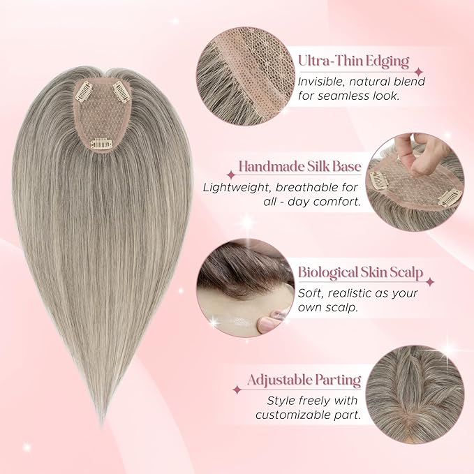 Real Human Hair Toppers for Women 3.54"*4.72" Silky Base 150% Density No Bangs Adjustable Parting Clip-In Topper Hairpieces for Women with Thinning Hair 14 Inches White Mixed Natural Black