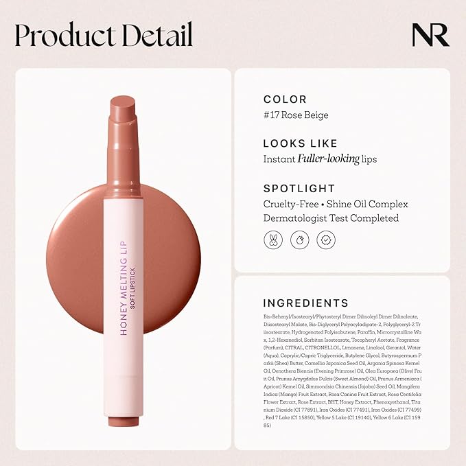 Nature Republic HONEY MELTING LIP (17 ROSE BEIGE) SOFT LIP STICK, Hydrating Gloss, Moisturizing balms, Sheer tint, Shine & Nude, Glowy Finish, korean make up