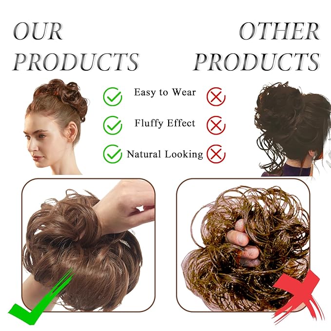 Large Messy Bun Hair Piece Curly Synthetic Extensions Scrunchies Fake Chignon Updo Hairpieces for Women Light Golden Brown