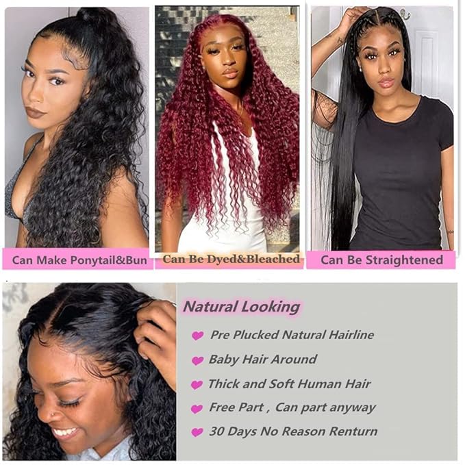 180% Density HD Transparent Deep Wave Lace Front Wigs Human Hair 13X4 Curly Wigs for Black Women Deep Wave Lace Frontal Wet and Wavy Wig Pre Plucked with Baby Hair 24 Inch Natural Black