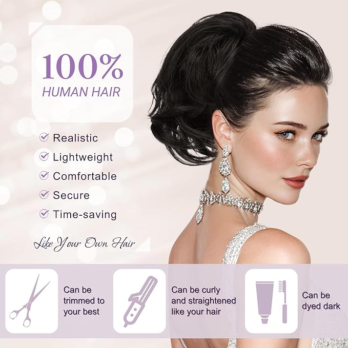 RUWISS Claw Clip Short Human Hair Ponytail Extension with Bendable Metals for DIY Styles Straight Messy Bun Hair Piece for Women Hairpieces for Daily Wear,9 Inch Chocolate Brown Highlighted Dark Brown