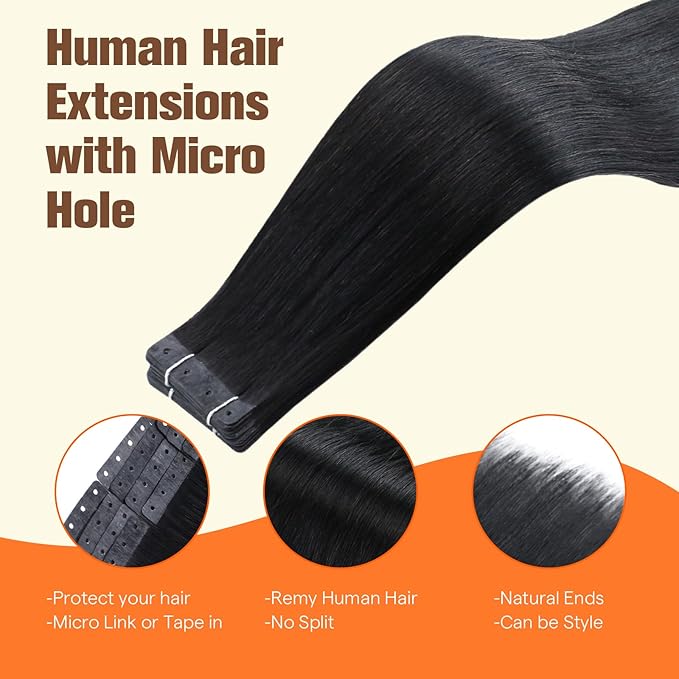 Full Shine Invisible Tape in Hair Extensions Human Hair Holed Tape in Extensions Color 1 Black 18Inch 20PCS Black Tape in Extensions Real Human Hair 50G Straight Seamless Glueless Soft Remy