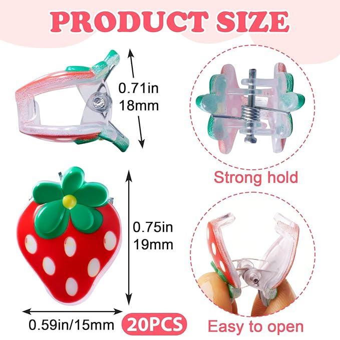 20pcs Mini Strawberry Clips for Women, Small Strawberry Hair Claw Clips, Non-Slip Cute Jaw Claw Hair Barrette Fruit Accessories for Long Short Thin Thick Curly Straight Hairstyles- Red