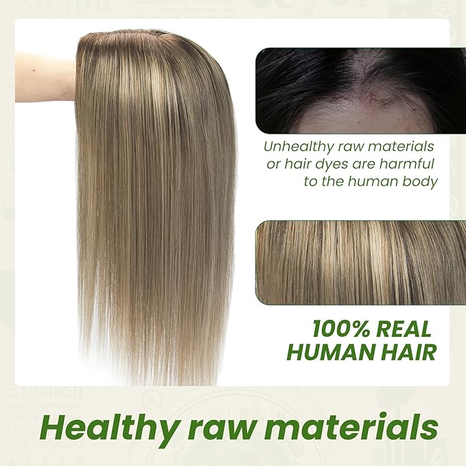 Hair Toppers for Women Real Human Hair Larger Silk Base 6x7 inch 65 grams 14inch Clip In Topper Hair pieces Dark Brown to Dirty Blonde（#2618 14inch）