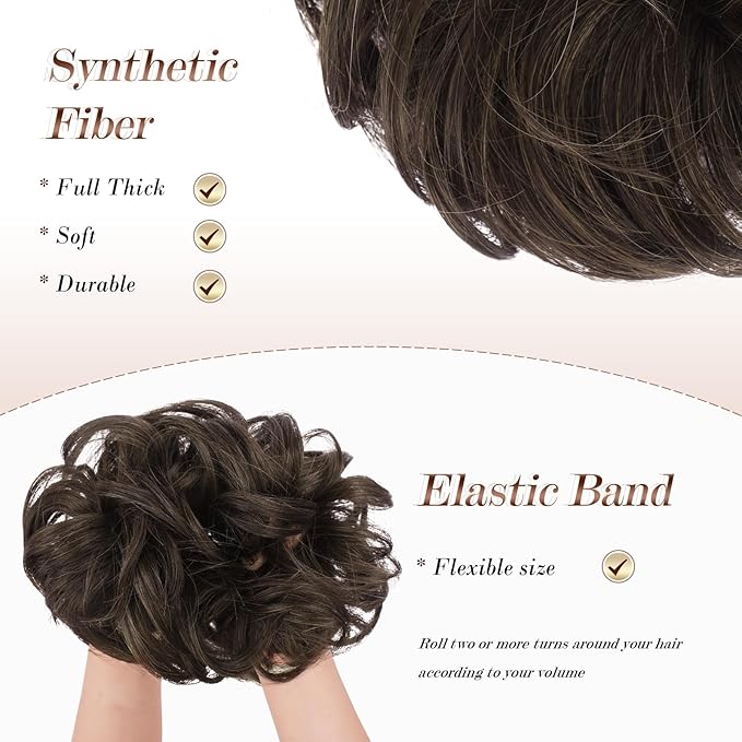 FESHFEN Messy Bun Hair Piece - Large Elastic Wavy Curly Hair Bun Scrunchies Ponytail Extensions Synthetic Chignon Hairpieces for Women, Mixed Chocolate Brown 1.94oz