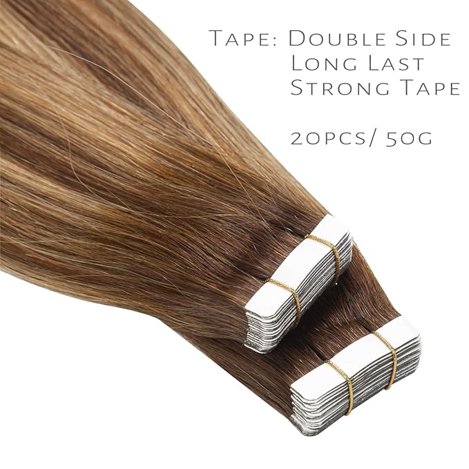 Lacer Tape in Hair Extensions Real Human Hair Chocolate Brown to Strawberry Blonde Highlights with Chocolate Brown Roots Human Hair Tape in Extensions 20pcs 50g 14 Inch