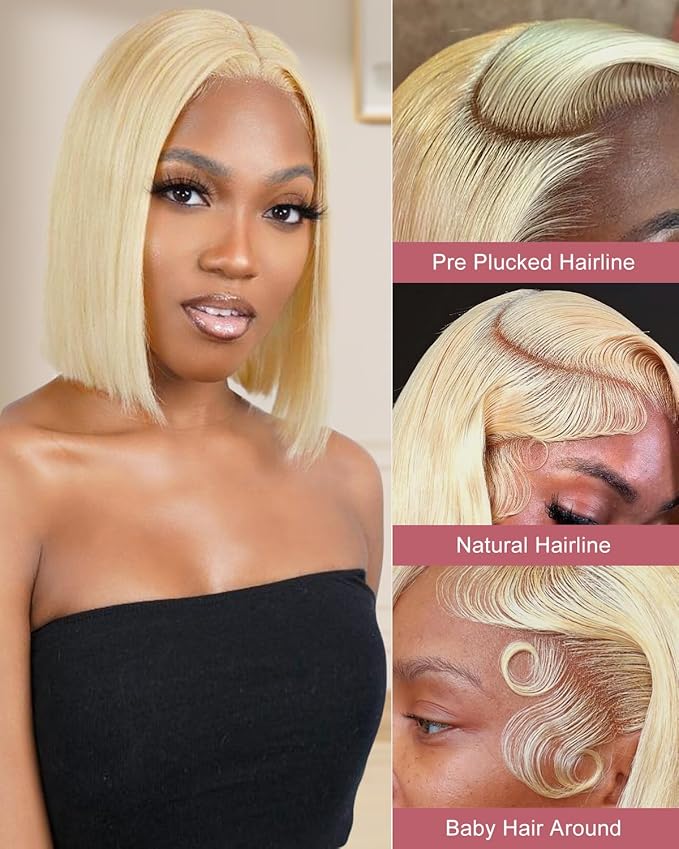 Alididi 613 Blonde Bob Wig Human Hair Straight 13x6 Transparent Lace Front Wigs Human Hair Pre Plucked Glueless Short Bob Wig human hair 180% Density 613 bob wigs for black women 12 Inch