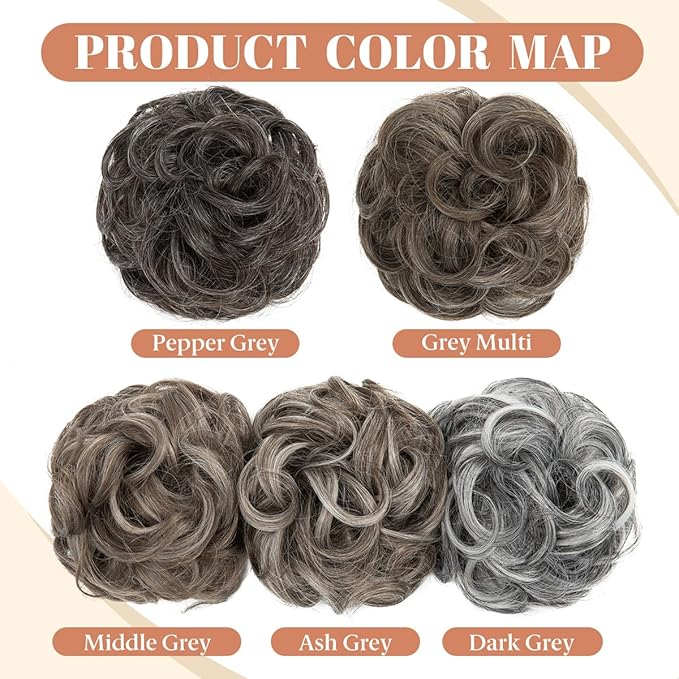 CJL HAIR 2PCS Messy Bun Hair Pieces Wavy Curly Synthetic Updo Chignon Fake Scrunchies Ponytail Extension for Women Pepper Brown