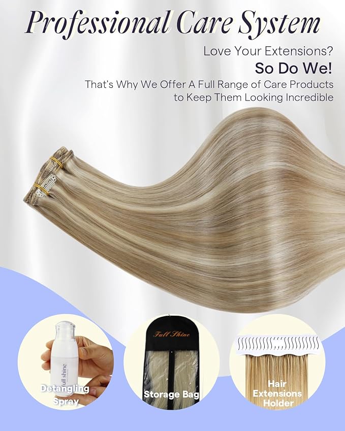 Full Shine Clip in Extensions Blonde Human Hair Highlight Clip in Hair Extensions Dark Blonde Mix Light Blonde Real Human Hair Extensions Clip ins 16 Inch 7 Pcs 135 G