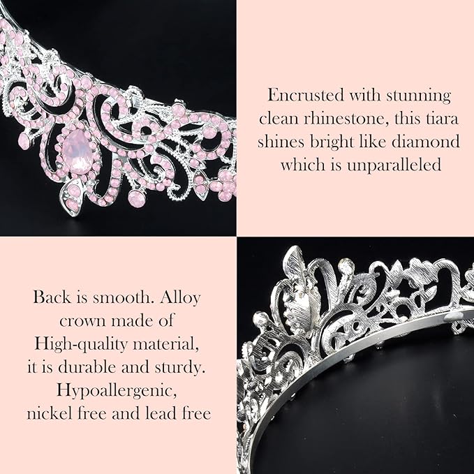 Didder Pink Opal Tiara Crowns for Women Girls, Princess Crown with Combs Tiaras for Women Girls Wedding Crowns for Brides Headband Prom Birthday Gift Halloween Costumes Hair Accessories