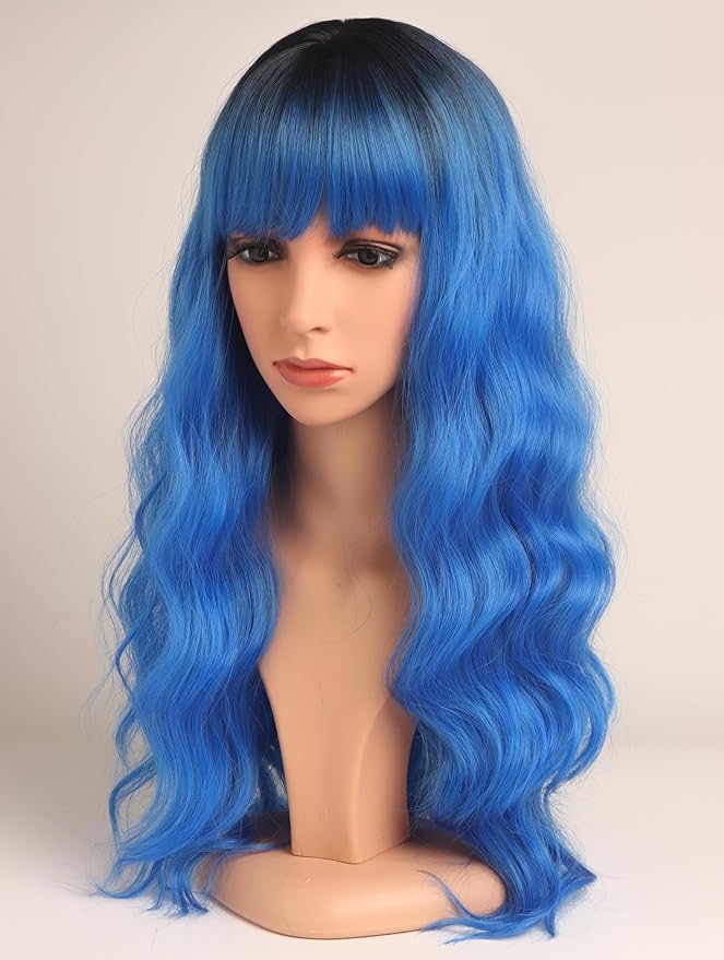 Blue Hair Wavy Wigs With Bangs For Women Synthetic Blue Wigs For Daily Use Everyday Wear.
