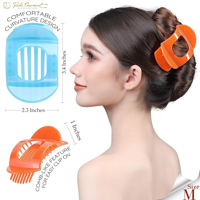 RC ROCHE 6 Pcs Flat Claw Hair Clips for Women Thick Hair French Round Duckbill Square Secure Strong Hold Grip Clamps Barrettes Curved No Slip No Crease Plastic Styling Cute, Medium Jelly Candy