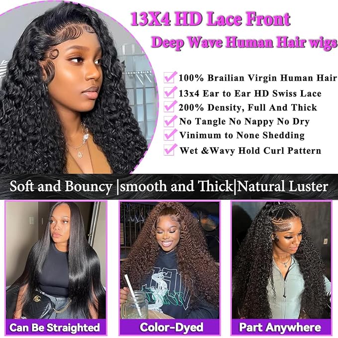 Aomllute 36 Inch Lace Front Wig Human Hair Pre Plucked 200 Density 13x4 HD Deep Wave Lace Frontal Wigs Human Hair with Baby Hair Curly lace front Wigs for Women Natural Black
