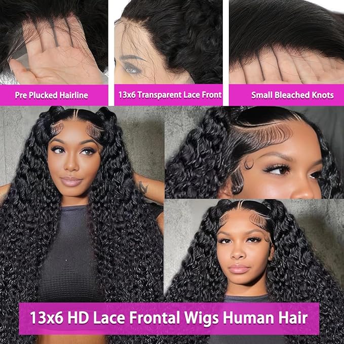 13x6 Deep Curly Lace Front Wigs Human Hair Pre Plucked Deep Wave Lace Frontal Wig Wet and Wavy Wigs for Black Women Natural Black Color 210% Density 22Inch