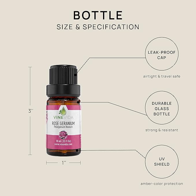 VINEVIDA Rose Geranium Essential Oil 10 mL - Undiluted Candle Scent DIY Scents for Candlemaking Soap Making Safe Skin 0.33 Fl Oz 1.33 ounces