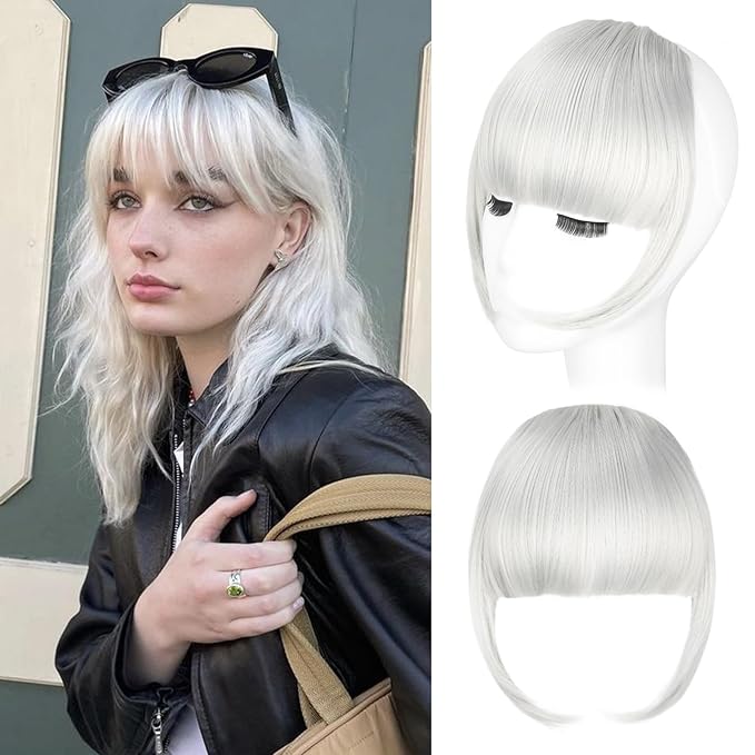Clip in Bangs, Synthetic French Bangs Hair Clip, Silver Grey Fake Bangs Fringe with Temples Hairpieces for Women Natural Curved Hair Extensions for Daily Wear