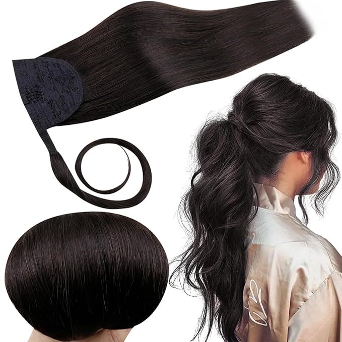 RUNATURE Human Hair Ponytail Extension Black, Real Hair Ponytail Extension With Magic Paste, Remy Natural Ponytail Hair Extensions, Straight Hair Add Volume, 18 Inch 80g #1B Off Black