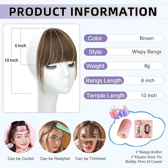 Wispy Bangs Hair Clip, 100% Human Hair Clip In Brown Bangs for Women, Soft Layered Fake Bangs with Feathered Fringe, Easy Clip-On Design for Daily Wear & Halloween