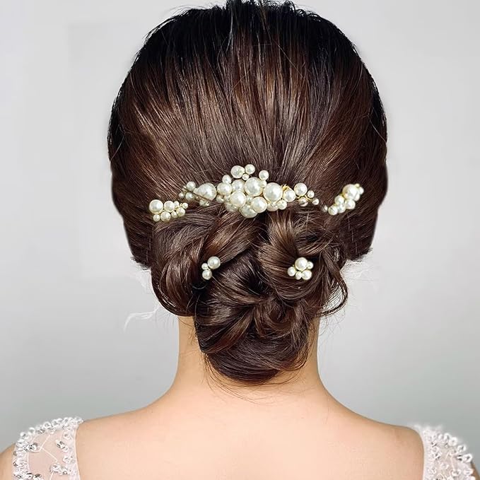 Pearl Hair Combs and Hair Pins for Bridal Women, Decorative Hair Accessories for Wedding Prom, Set of 5 (Silver)