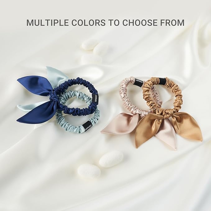 THXSILK Hair Silk Scrunchies with Bow for Women Pure Mulberry Silk Hair Cute Ring Ties Scrunchies for Girls Women's Thick Hair, Charming Pink, 2.8"