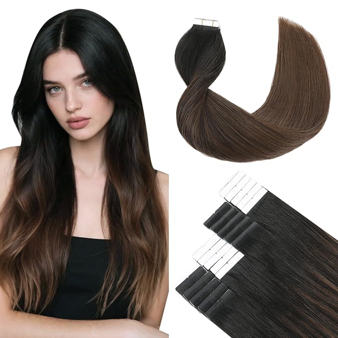 SURNEL Tape in Hair Extensions Ombre Color 1B Off Black Fading To 4 Middle Brown Remy Human Hair Tape in 20 inch 20pcs 50g(#1BT4-20)