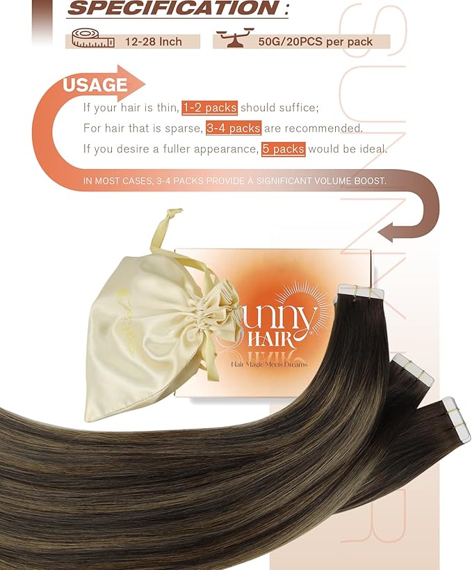 Sunny Hair Brown Tape in Hair Extensions 16 Inch Remy Tape in Extensions Human Hair Balayage Brown Tape ins Human Hair Extensions 20Pcs 50g