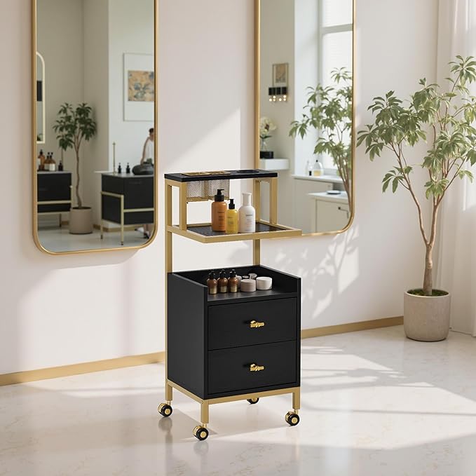 BarberPub Rolling Salon Cart with Storage Drawers, Barber Trolley with Metal Tool Holder & Basket, Beauty Salon Equipment for Hair Stylist 2084 (Black)