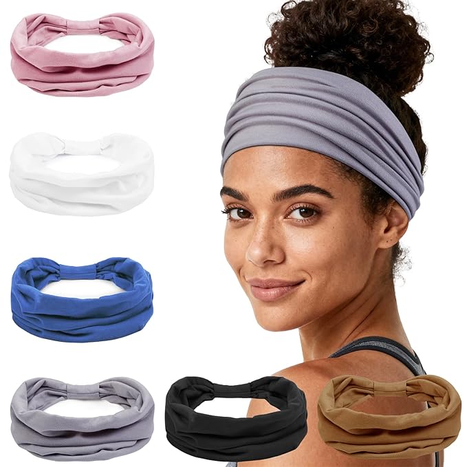 Huachi Headbands for Women, Wide Elastic Head Bands Non Slip, Thick Workout Headband Sweat Bands, Soft Large Knotted Hair Band Turban Headwraps for Washing Face, Makeup, Sport, Running(Pack of 6)