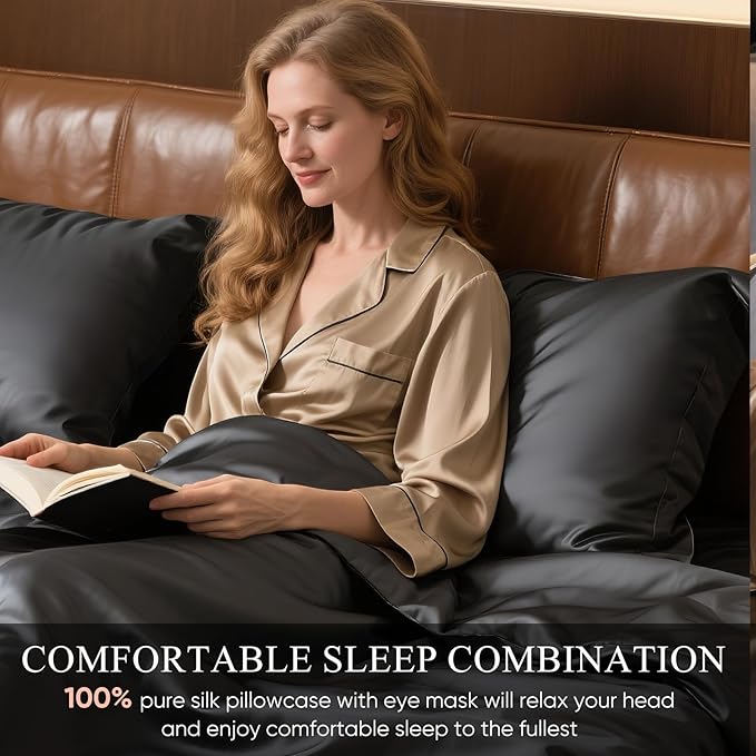 100% Mulberry Silk Pillowcase 22 Momme (SGS Certified) with Free Silk Eye Mask - Luxury Gift-Ready Folded Packaging, Cooling Pillow Cover for Hair & Skin Care (Black, Standard (1 Pack))
