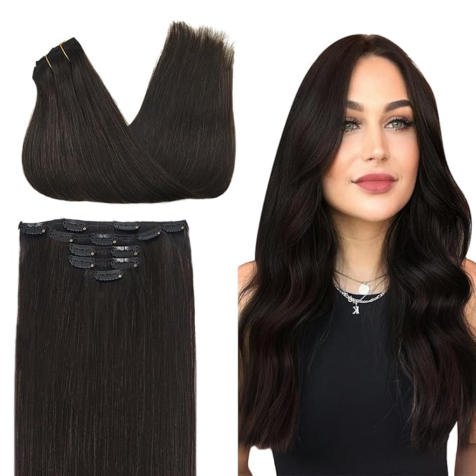 DOORES Hair Extensions Clip in Human Hair, 5pcs 80g 18 Inch Balayage Dark Brown to Chestnut Brown Clip in Human Hair Extensions Natural Hair Extensions Straight