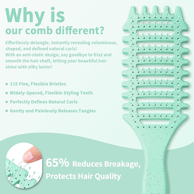 Curl Defining Brush, 4-in-1 Curly Hair Brush – Flexible Styling Brushes for Women and Men, Curls Detangling Hairbrush Featuring a Crescent Shape and Ultra-Smooth Bristles for Wet & Dry Hair - Green