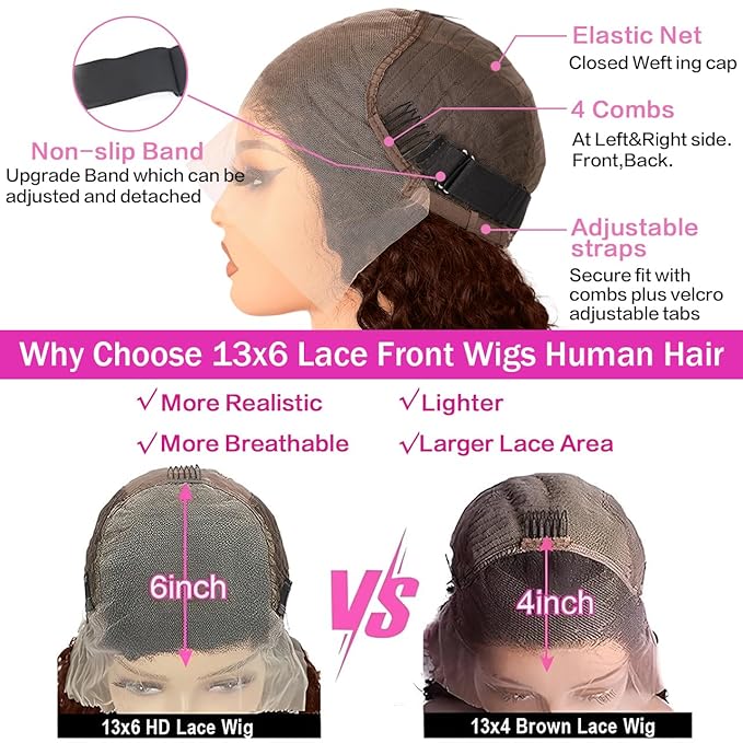 Anderah Chocolate Brown Deep Wave Lace Front Wigs Human Hair 200 Density 13x6 HD Lace Frontal Wigs Curly Human Hair Wig For Women Pre Plucked with Natural Hairline 4# Brown Color (36inch)