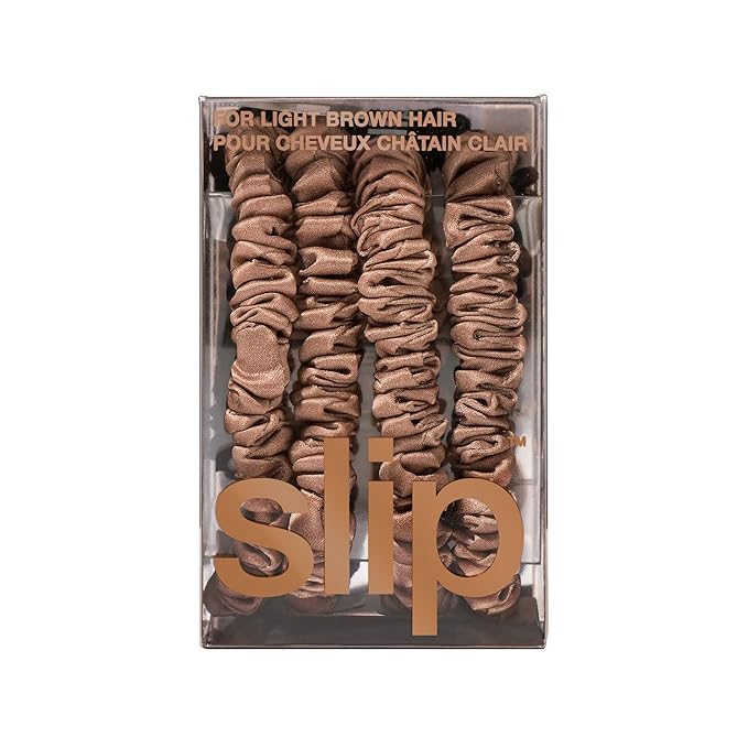 slip Silk Skinny Scrunchies - Light Brown | Set of 4 Skinny Scrunchies | 100% Mulberry Silk, Anti-Crease, Gentle on Hair, Reduces Breakage | Stylish & Durable, Ideal for All Hair Types