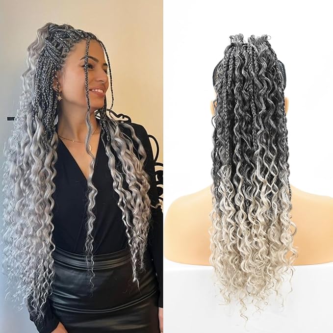 Drawstring Ponytail for Women 18 inch Boho Box Braids with Long Wavy Hair Clip in Ponytail Extension Synthetic Hair Extensions Ponytail for Daily Use (T1B/Grey#, 18 Inch)