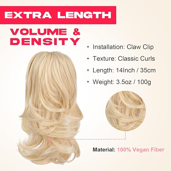 Ponytail Extension - 14" Claw Clip in Ponytail Hair Extensions Natural Soft Synthetic Layered Wavy Pony Tail Hair Pieces for Women - Light Blonde